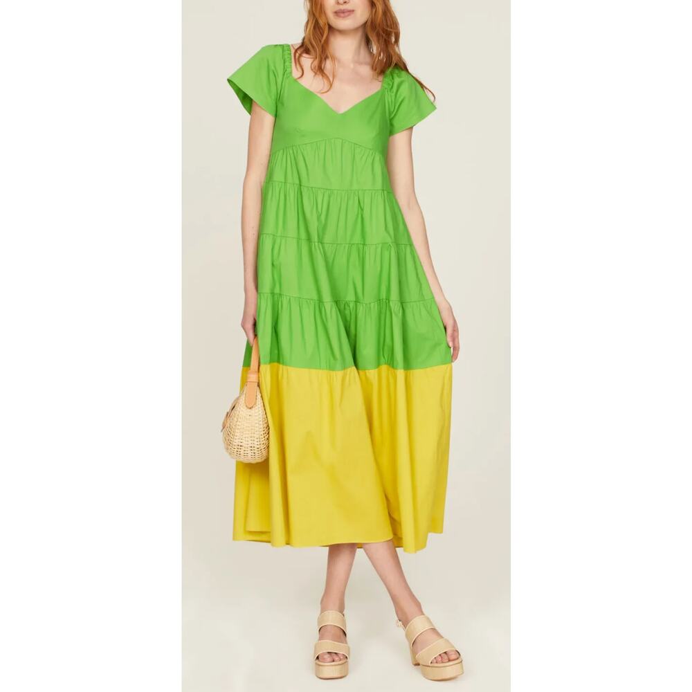 Donna Morgan Green & Yellow Tiered Cotton Maxi Dress Size 6 Vibrant & Chic